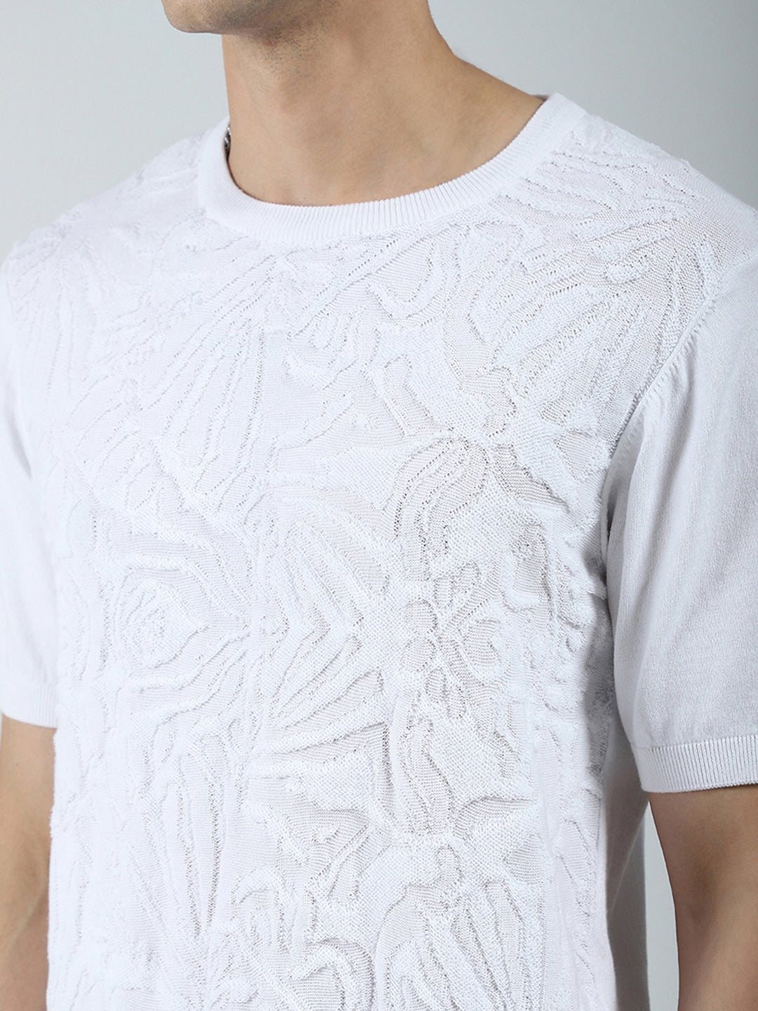 Men White Self Design Round Neck Half Sleeve T-Shirt