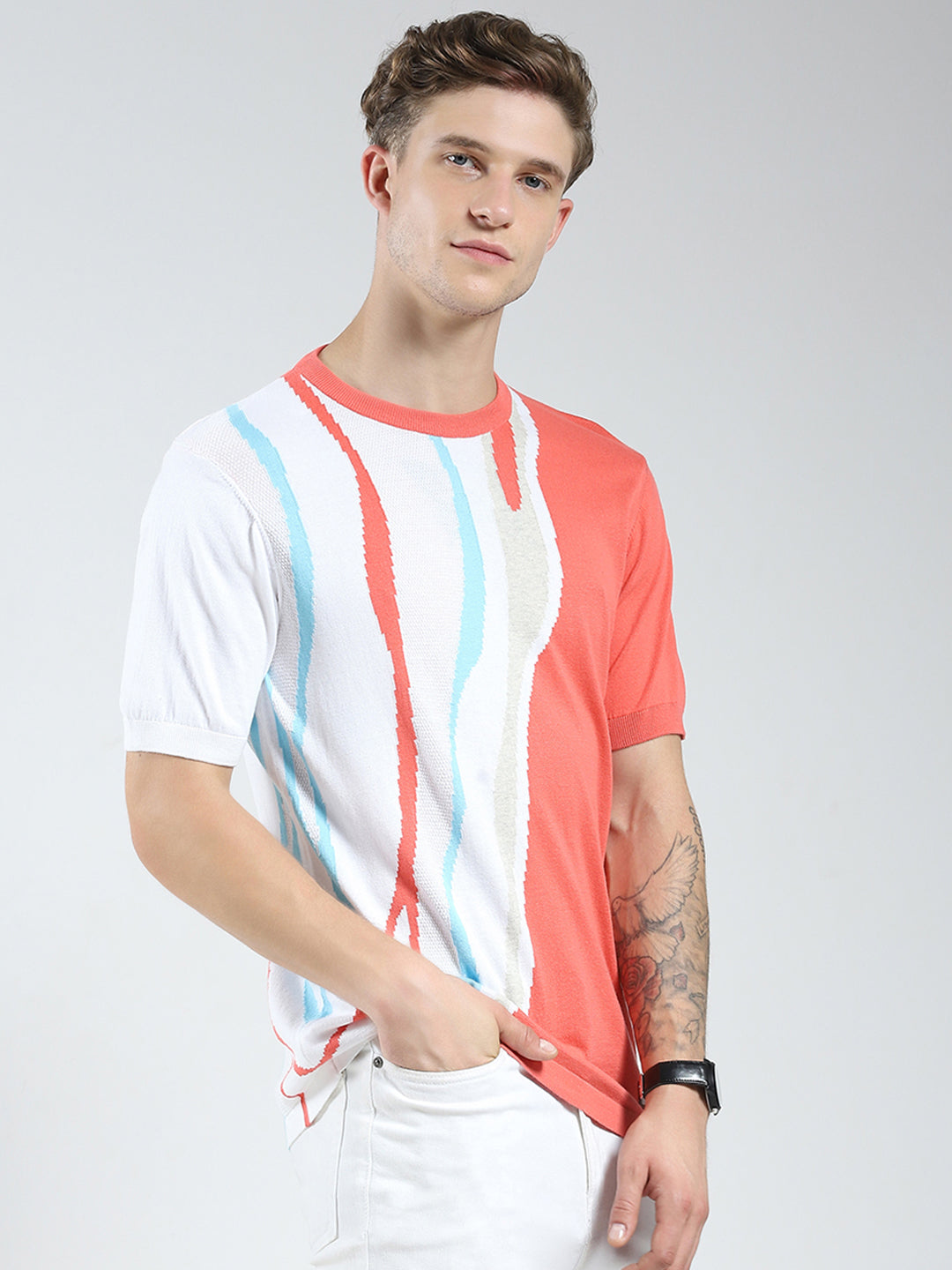 Men Pink Self Design Round Neck Half Sleeve T-Shirt