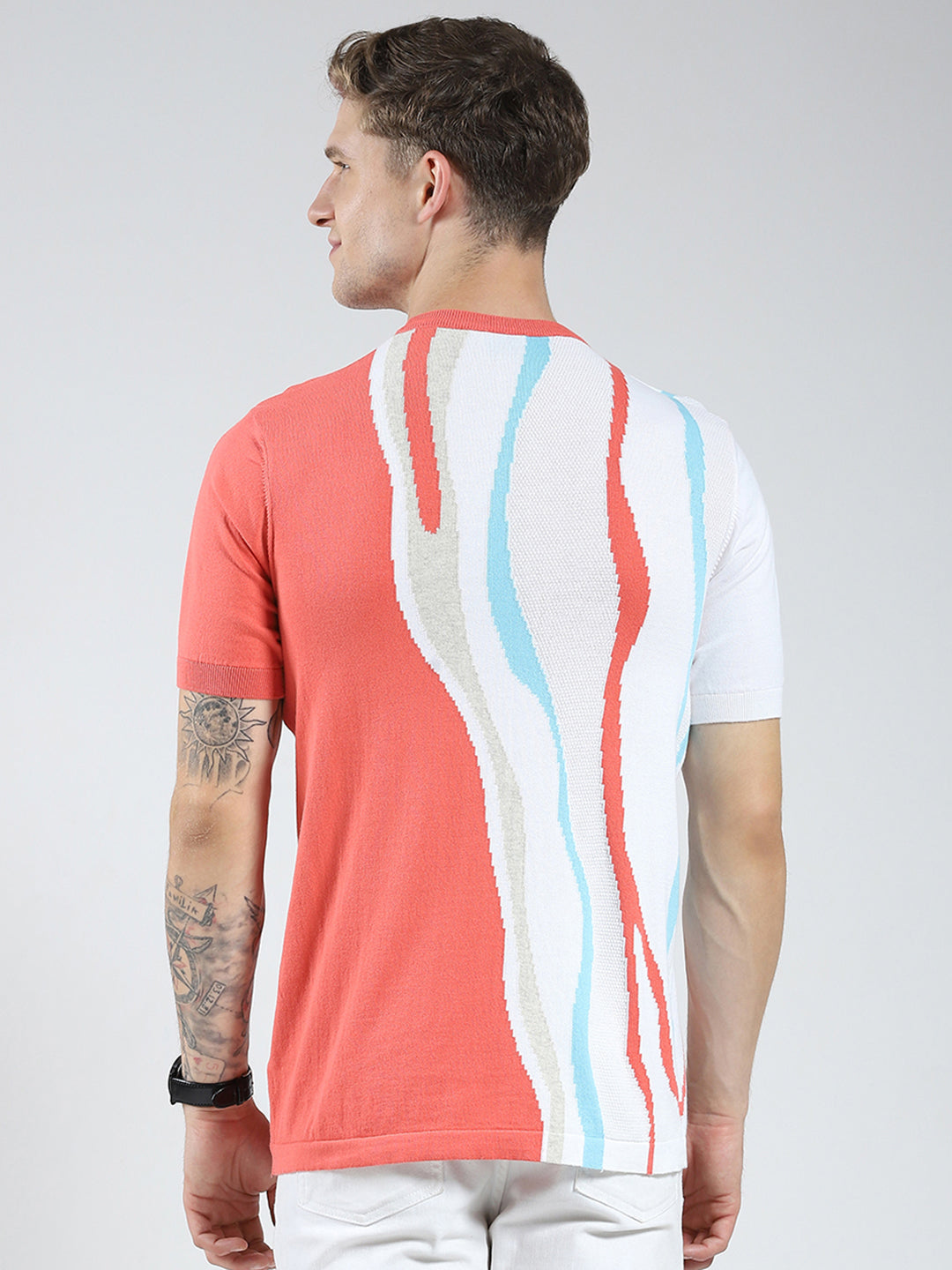 Men Pink Self Design Round Neck Half Sleeve T-Shirt