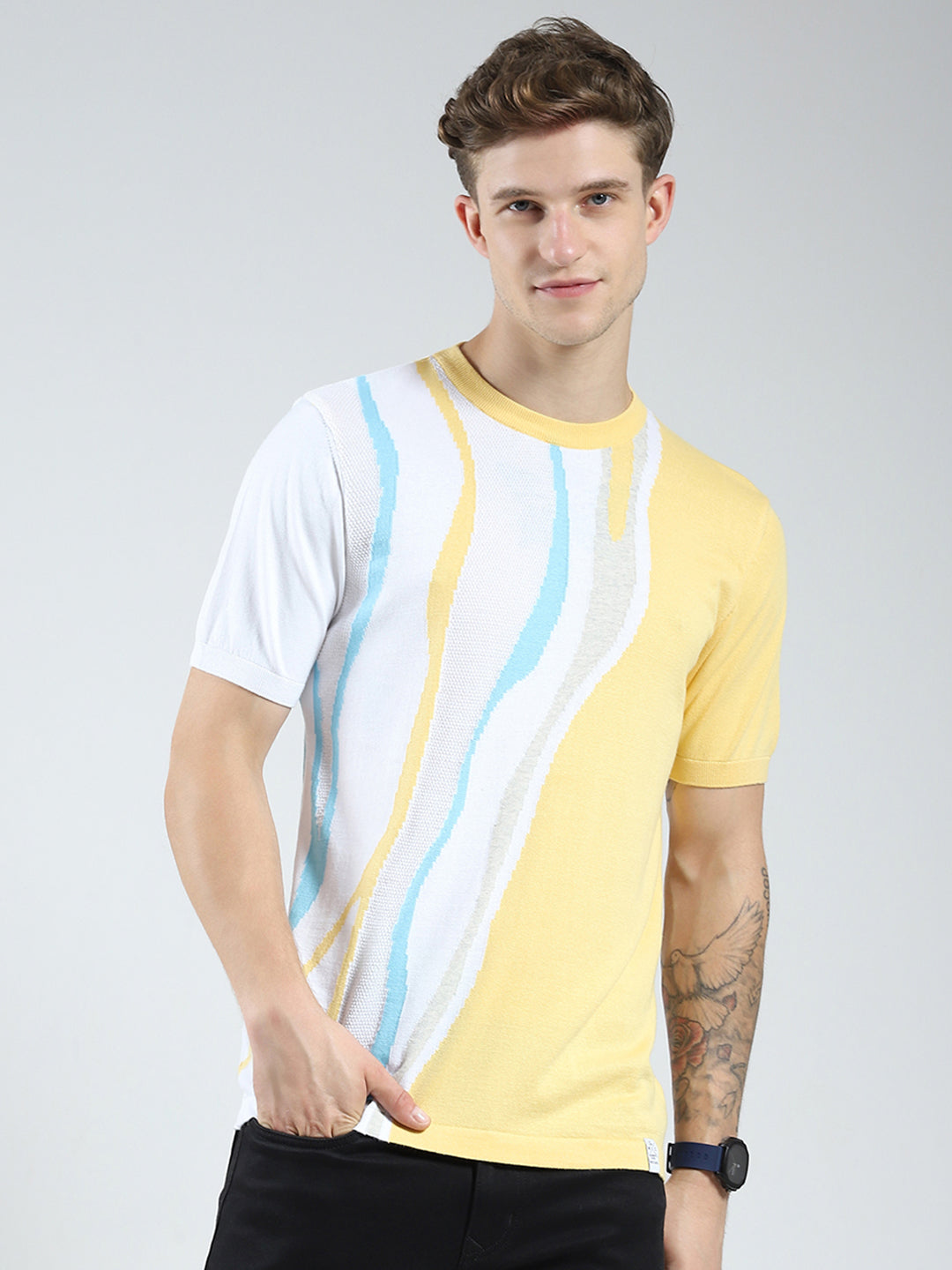 Men Yellow Self Design Round Neck Half Sleeve T-Shirt