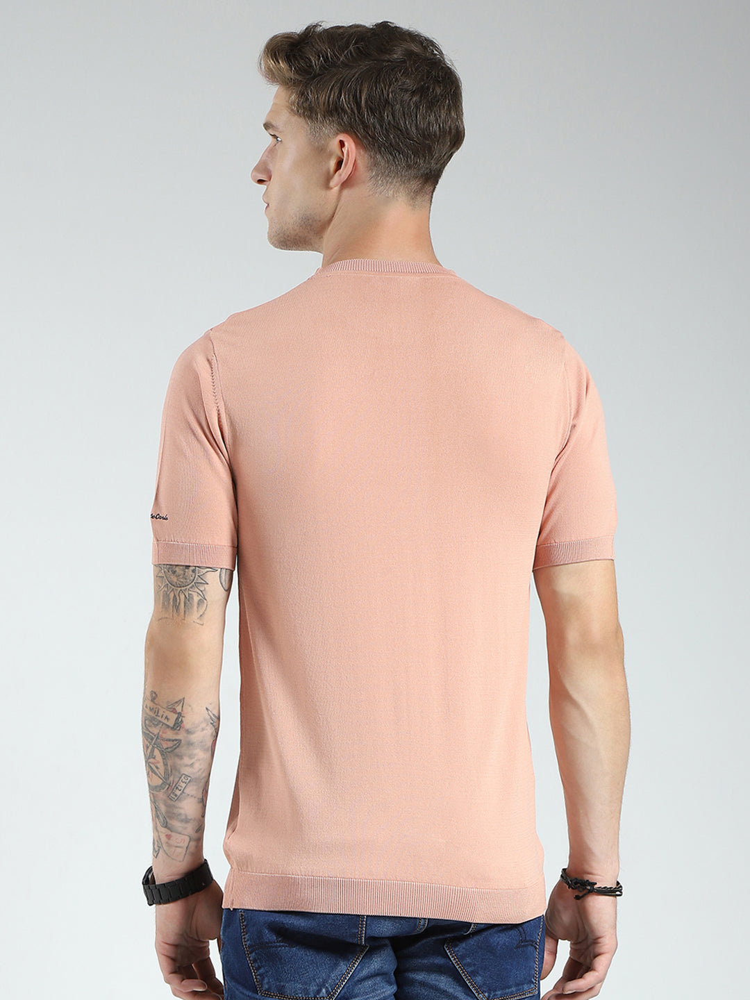 Men Peach Printed Round Neck Half Sleeve T-Shirt