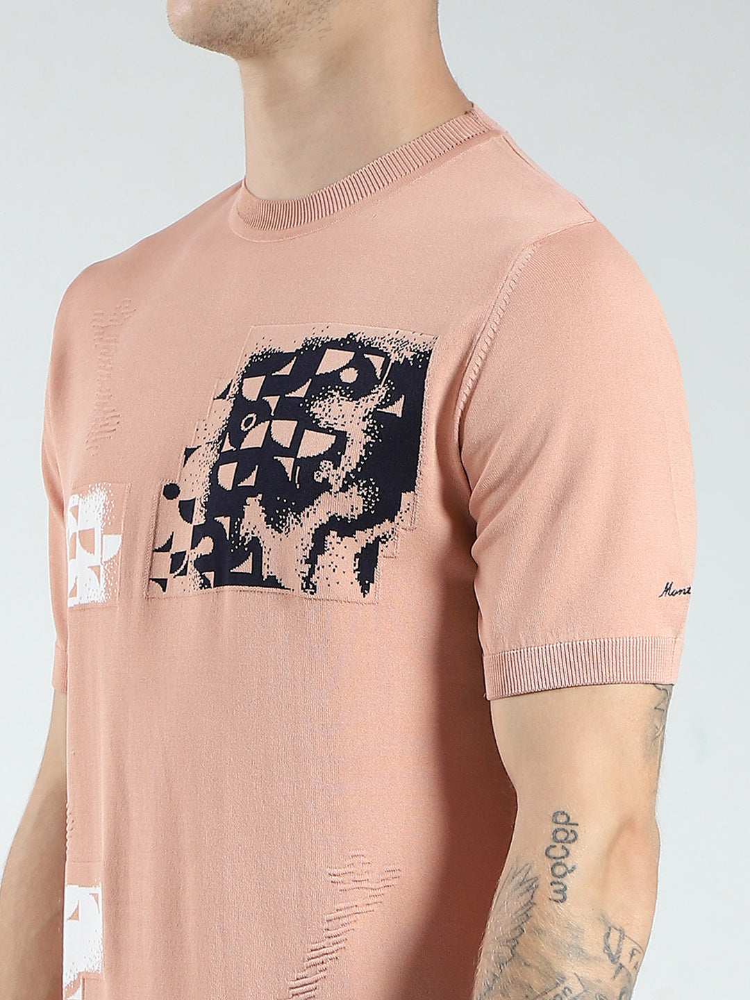 Men Peach Printed Round Neck Half Sleeve T-Shirt