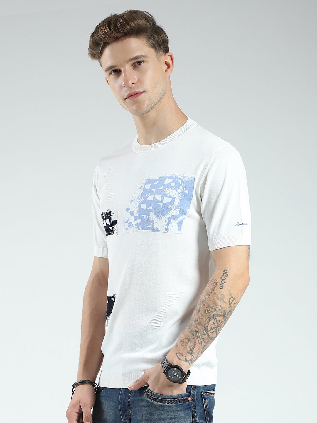 Men White Printed Round Neck Half Sleeve T-Shirt