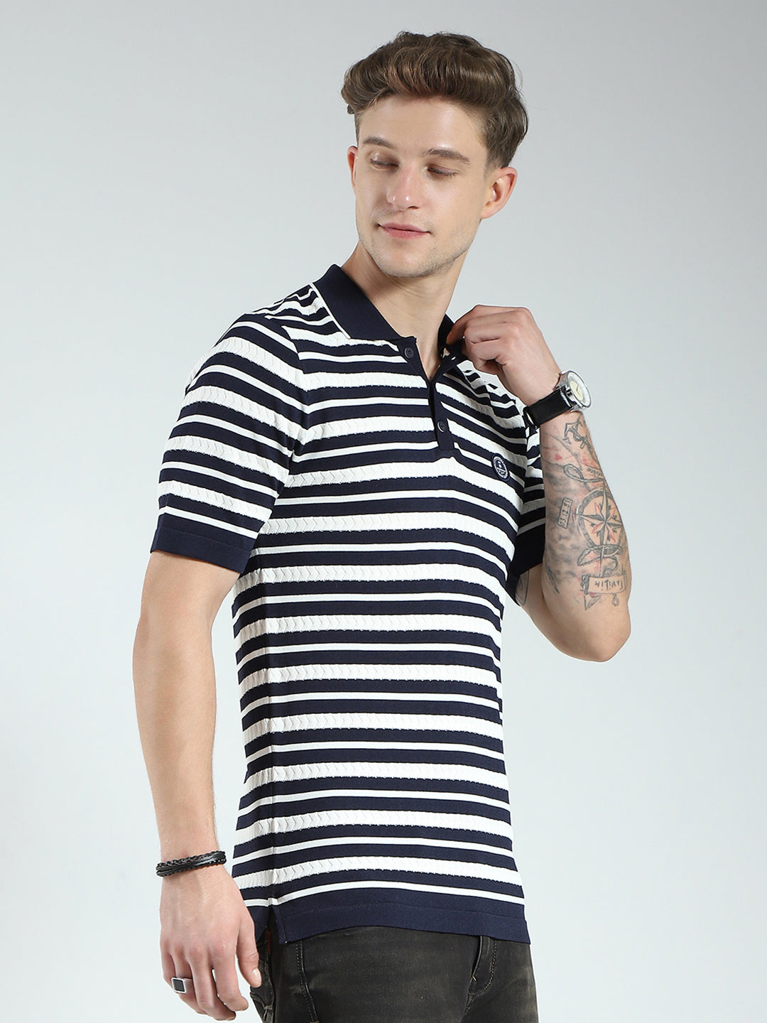 Men Navy Blue Stripe Collar Half Sleeve T-Shirt