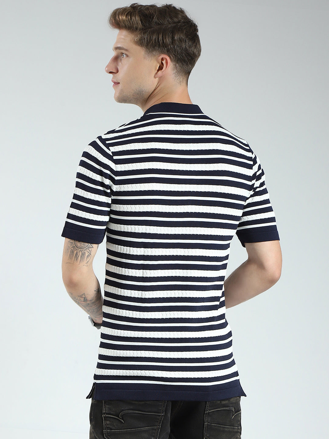 Men Navy Blue Stripe Collar Half Sleeve T-Shirt
