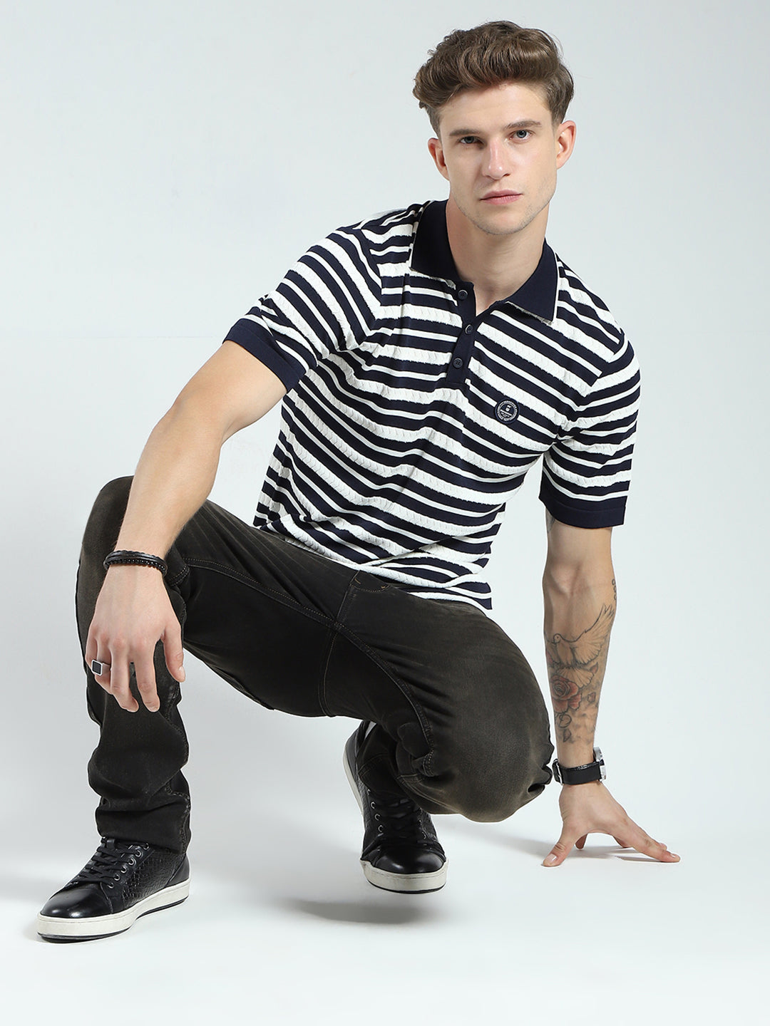 Men Navy Blue Stripe Collar Half Sleeve T-Shirt