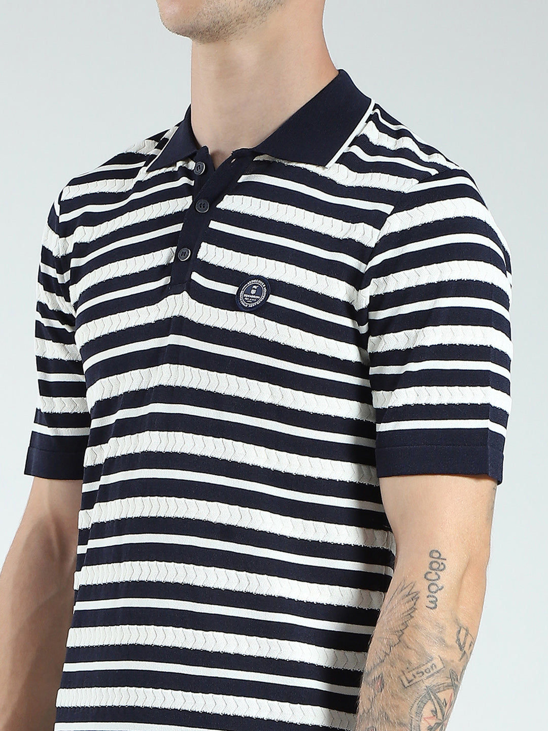 Men Navy Blue Stripe Collar Half Sleeve T-Shirt
