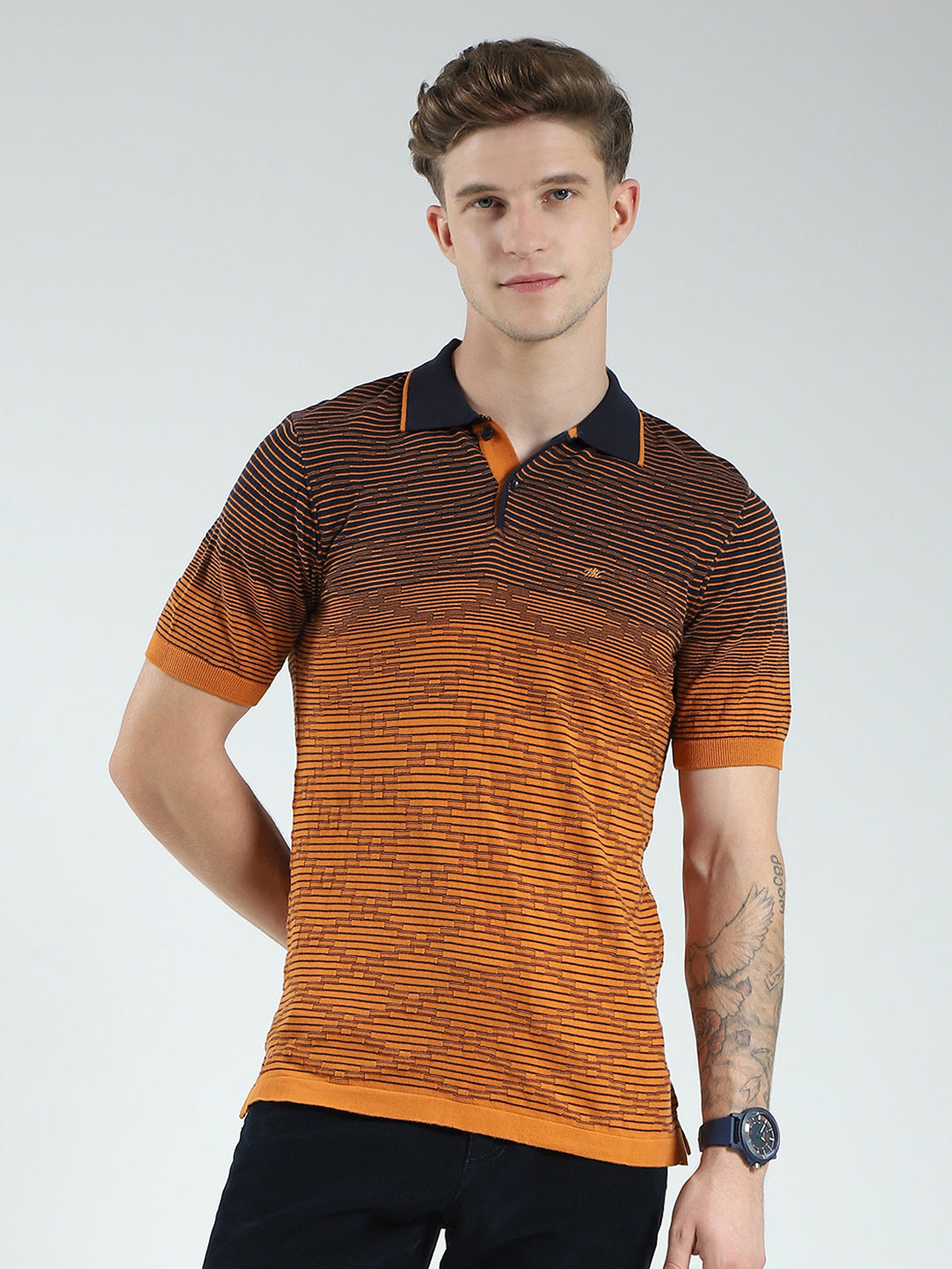 Men Brown Self Design Collar Half Sleeve T-Shirt