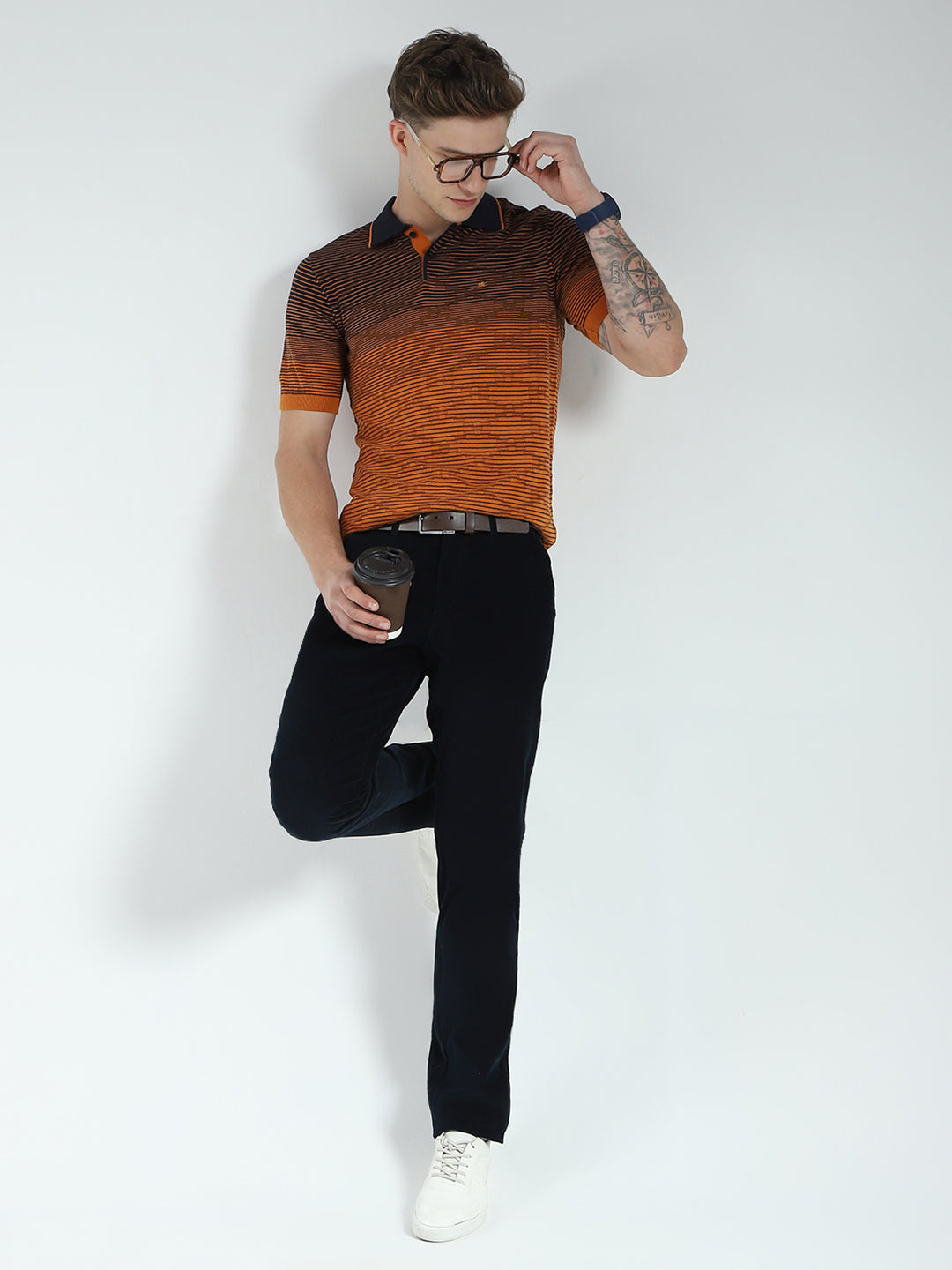 Men Brown Self Design Collar Half Sleeve T-Shirt
