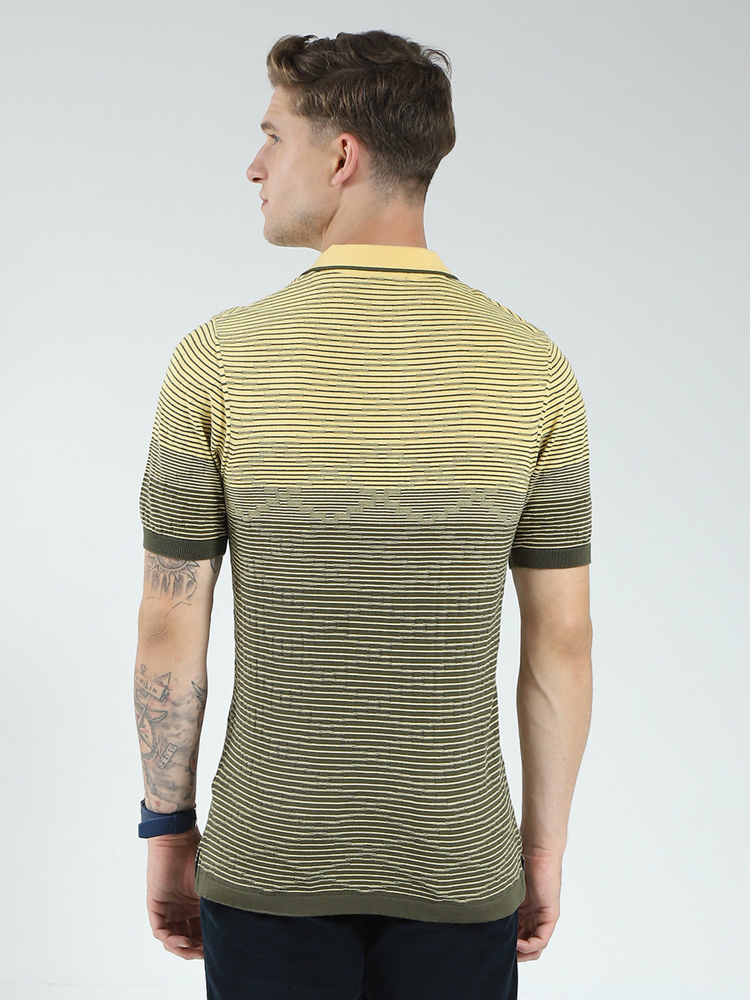 Men Green Self Design Collar Half Sleeve T-Shirt
