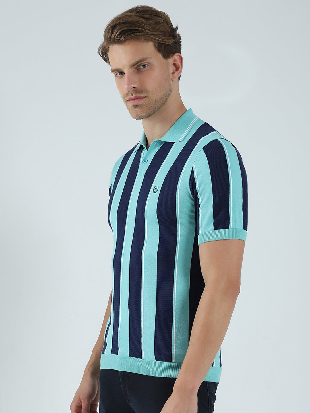 Men Green Stripe Collar Half Sleeve T-Shirt