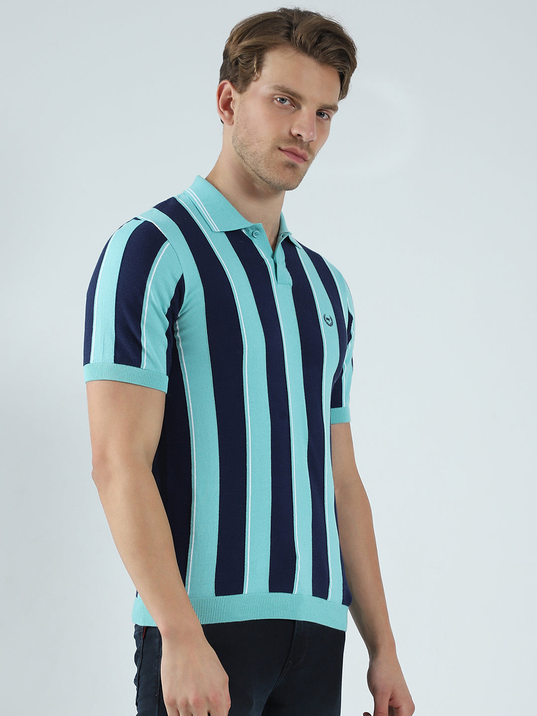 Men Green Stripe Collar Half Sleeve T-Shirt