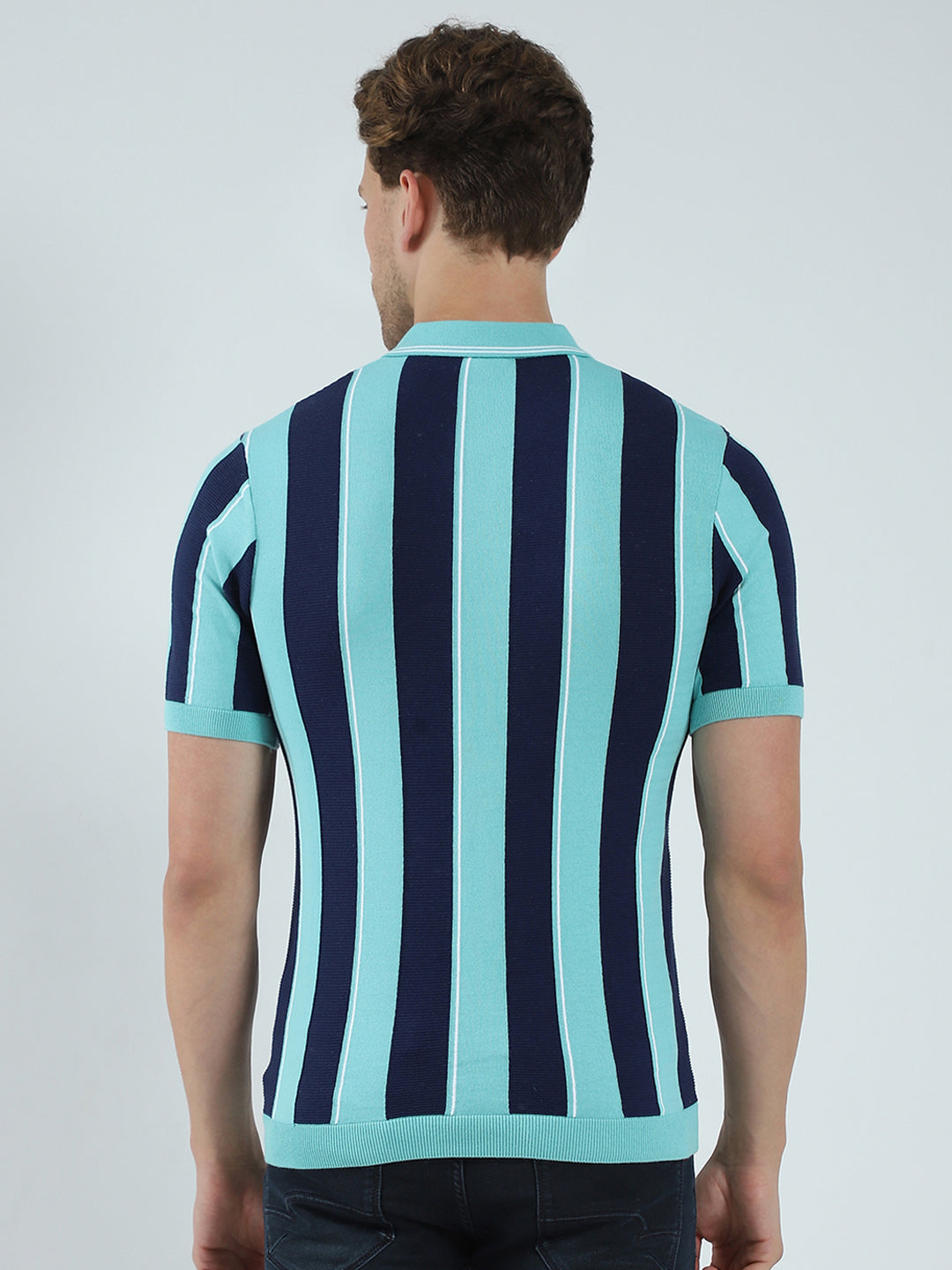 Men Green Stripe Collar Half Sleeve T-Shirt