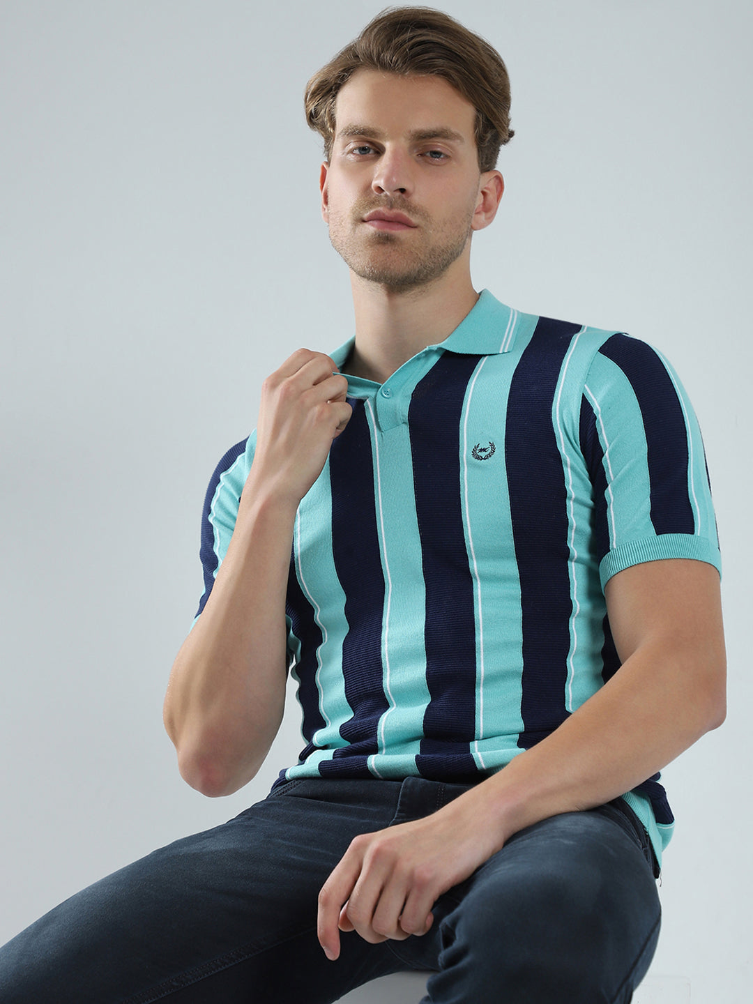 Men Green Stripe Collar Half Sleeve T-Shirt