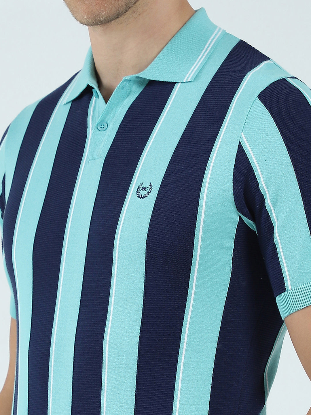 Men Green Stripe Collar Half Sleeve T-Shirt