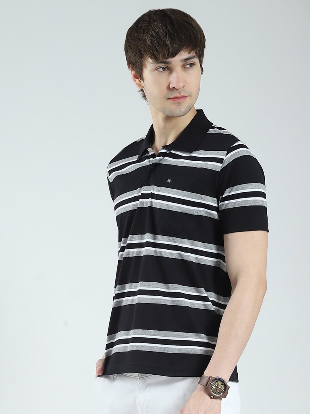 Men Black Stripe Collar Half Sleeve T-Shirt