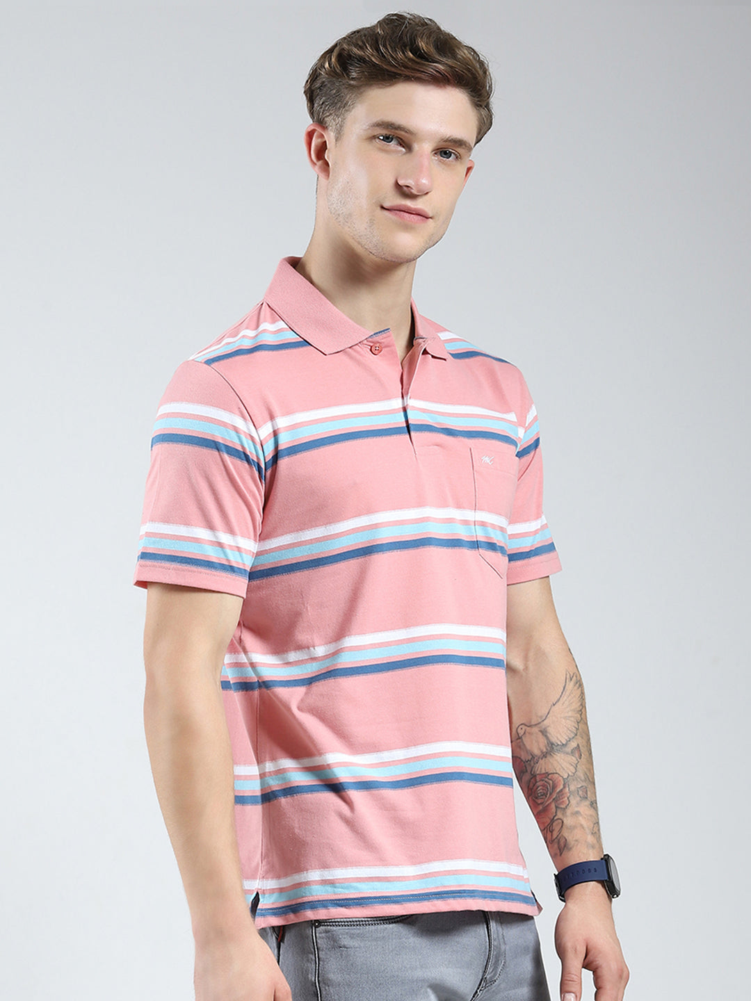 Men Pink Stripe Collar Half Sleeve T-Shirt