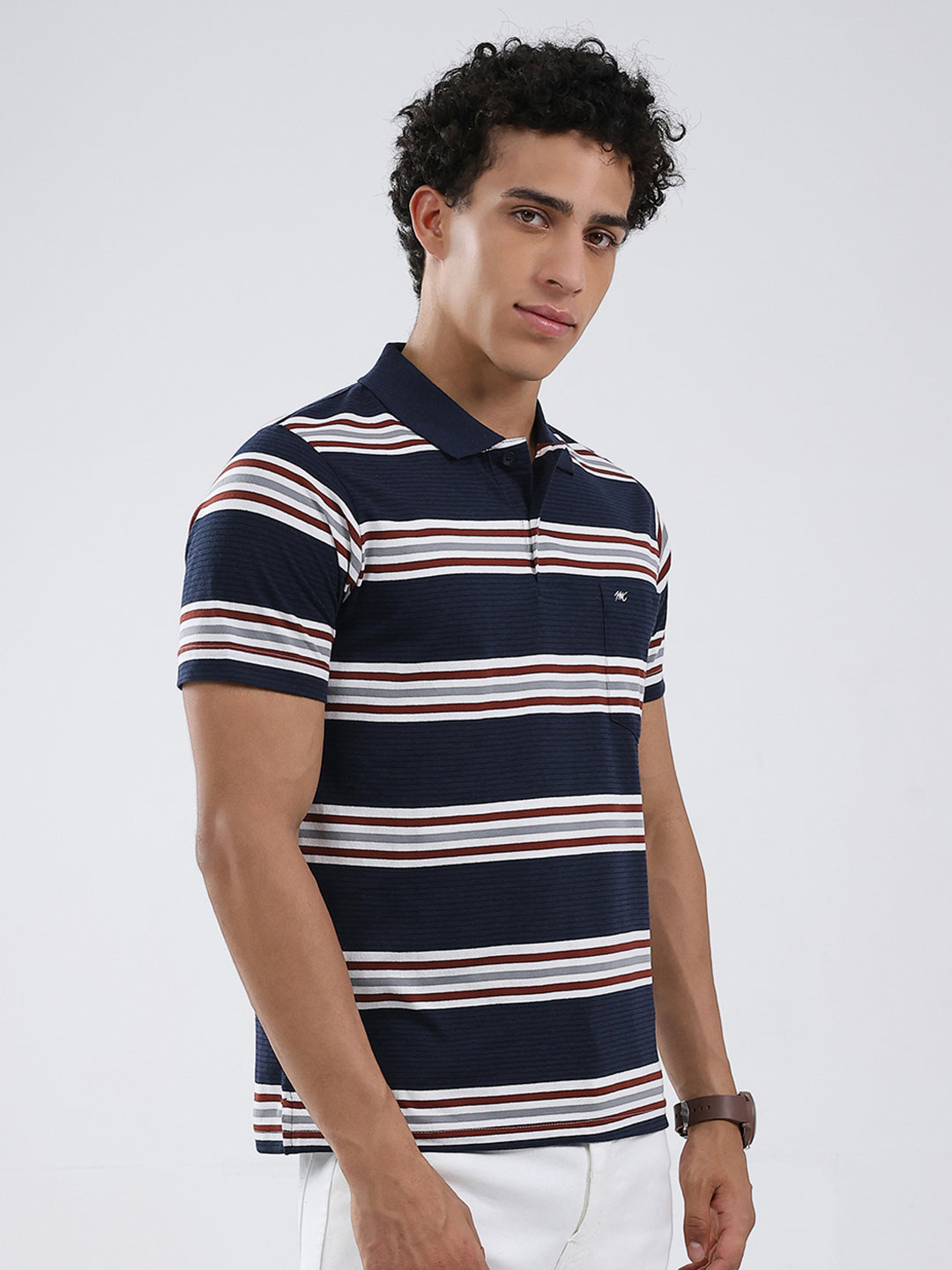 Men Navy Blue Stripe Collar Half Sleeve T-Shirt