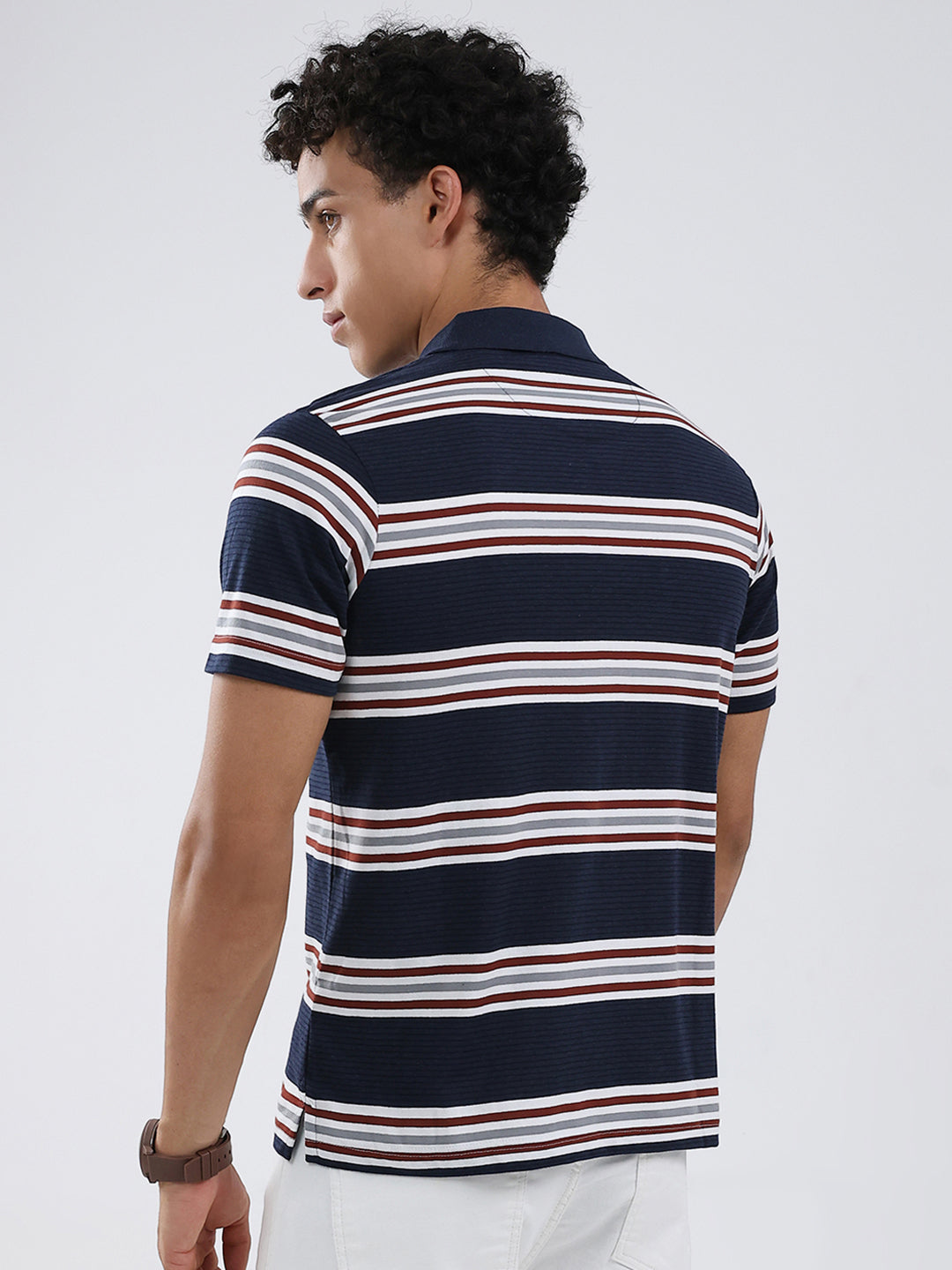 Men Navy Blue Stripe Collar Half Sleeve T-Shirt