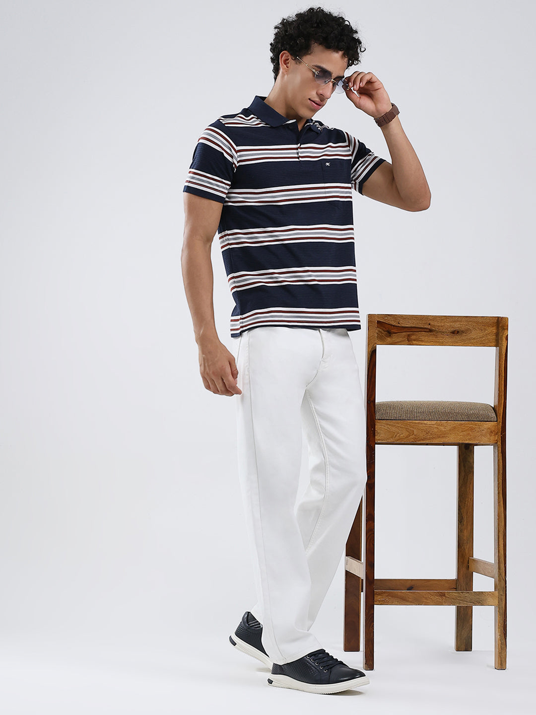 Men Navy Blue Stripe Collar Half Sleeve T-Shirt