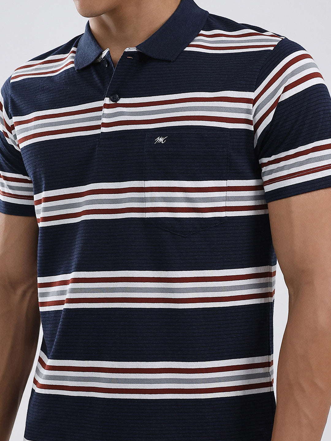 Men Navy Blue Stripe Collar Half Sleeve T-Shirt