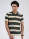 Men Olive Stripe Collar Half Sleeve T-Shirt
