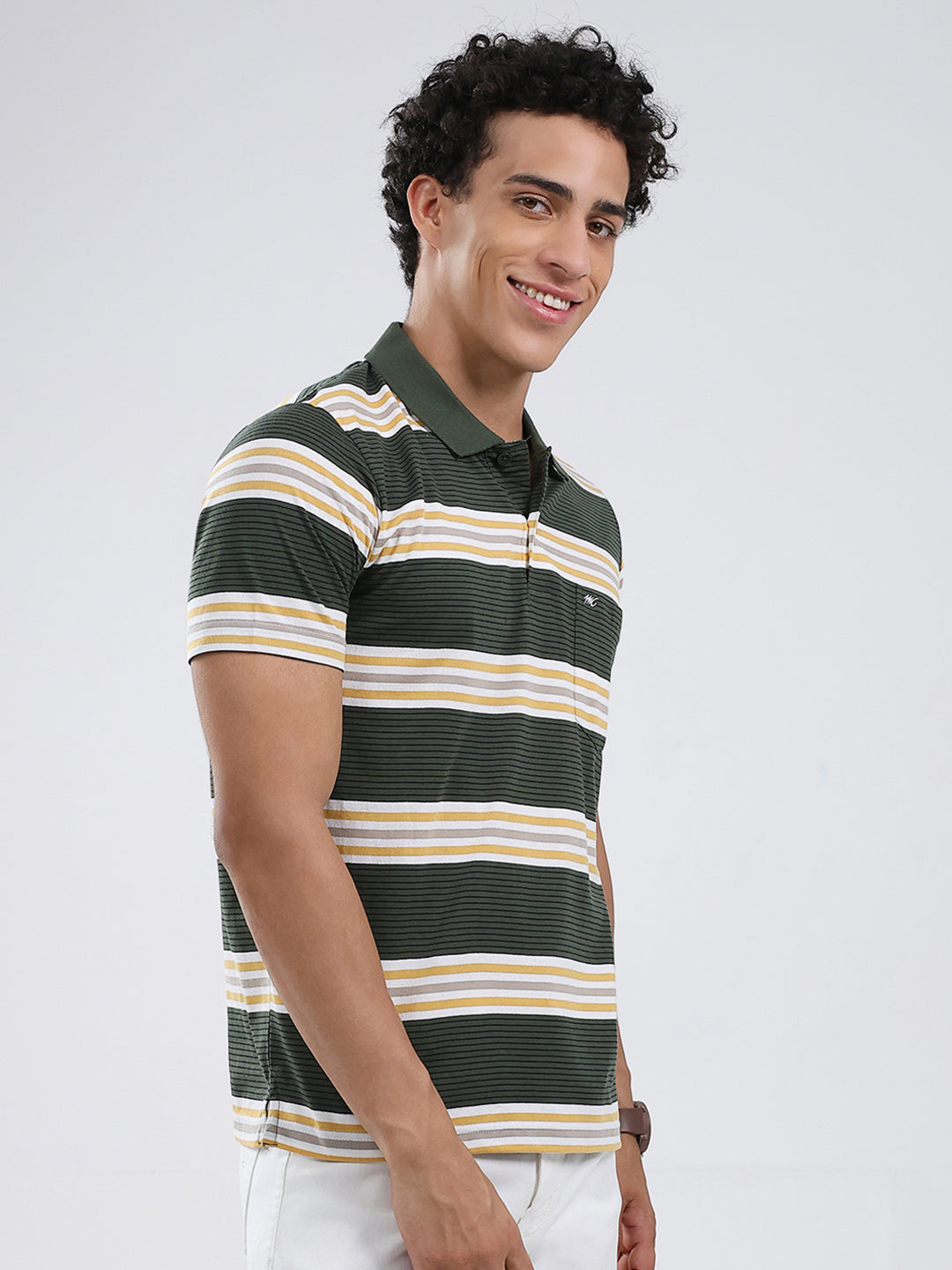 Men Olive Stripe Collar Half Sleeve T-Shirt