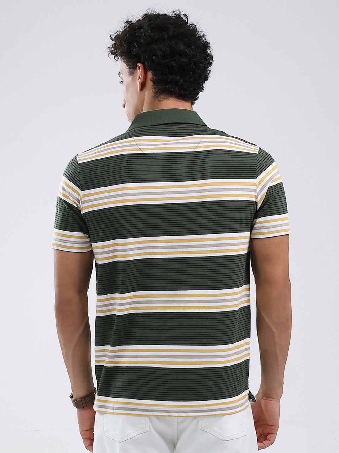 Men Olive Stripe Collar Half Sleeve T-Shirt