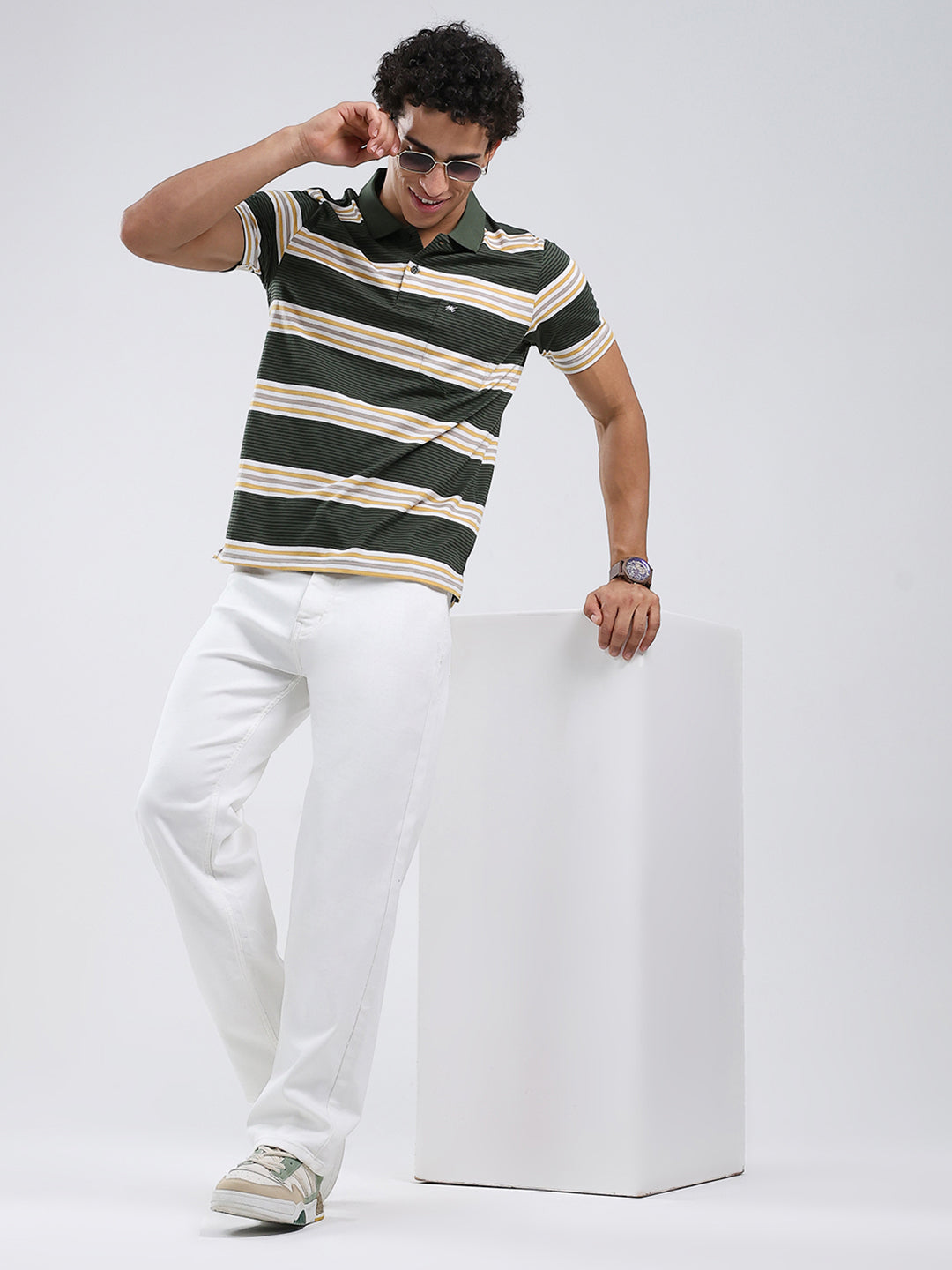 Men Olive Stripe Collar Half Sleeve T-Shirt