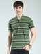 Men Green Stripe Collar Half Sleeve T-Shirt