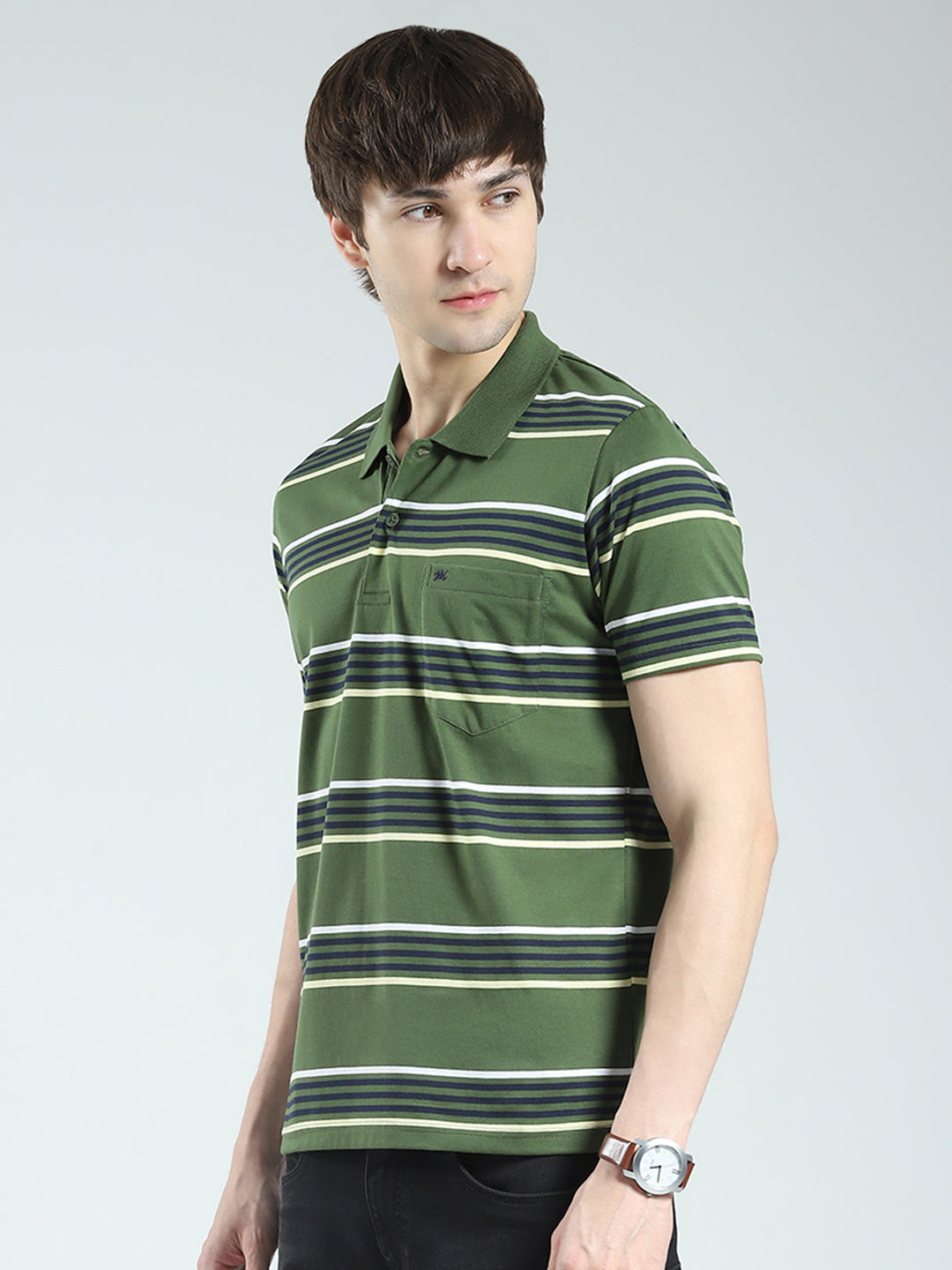 Men Green Stripe Collar Half Sleeve T-Shirt