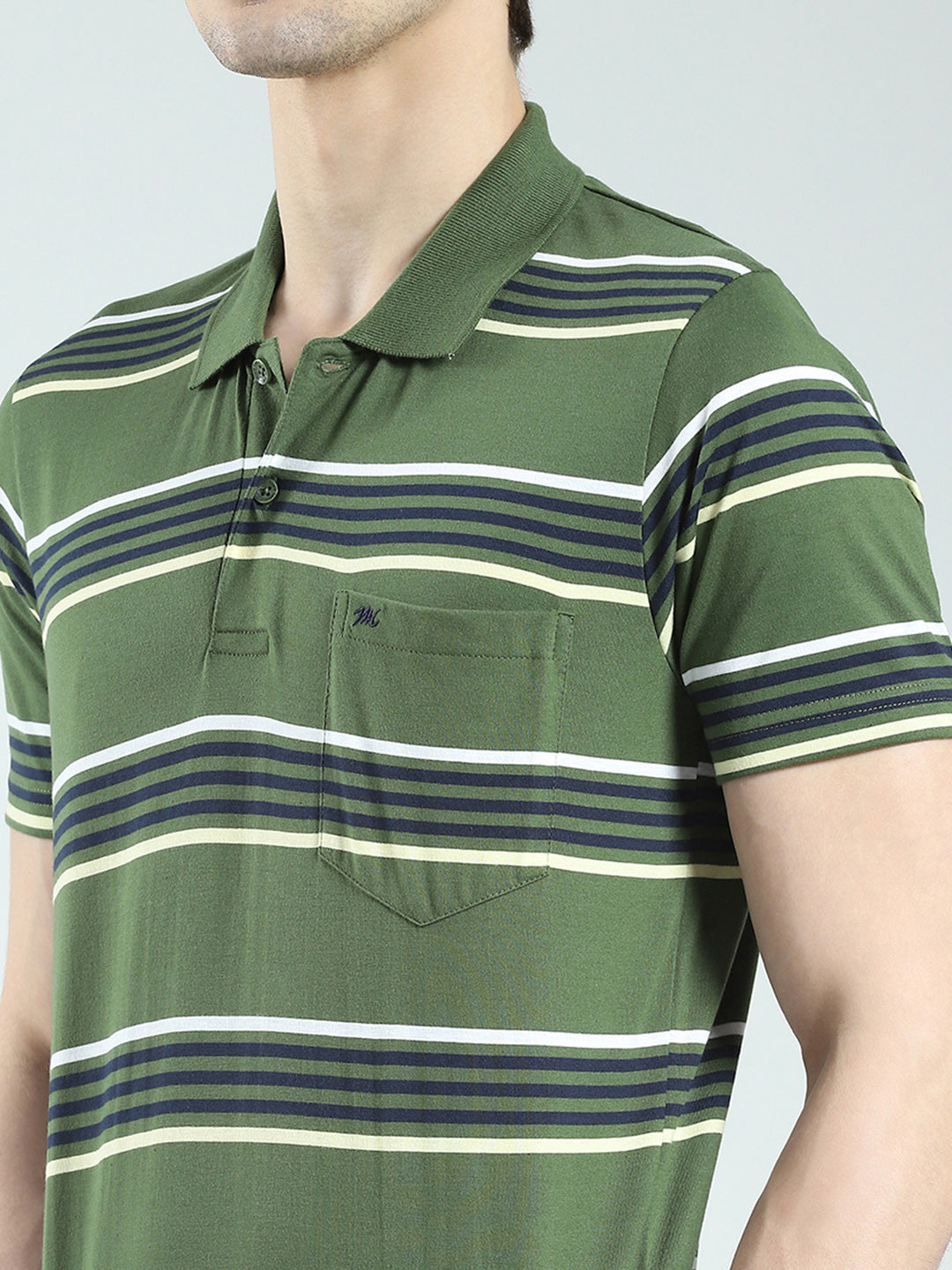 Men Green Stripe Collar Half Sleeve T-Shirt