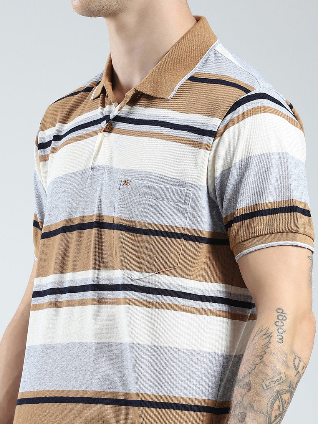 Men Grey Stripe Collar Half Sleeve T-Shirt