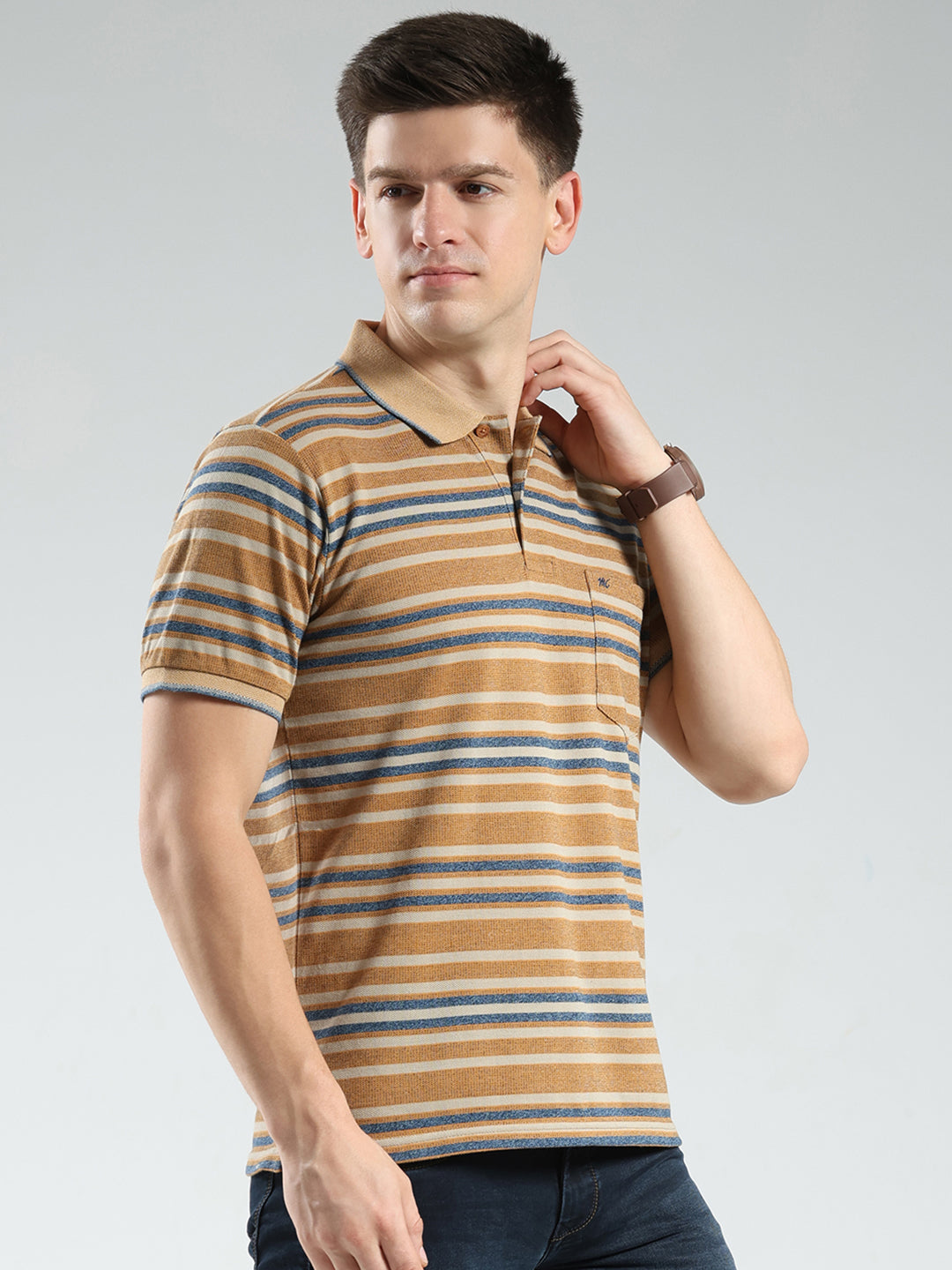 Men Brown Stripe Collar Half Sleeve T-Shirt