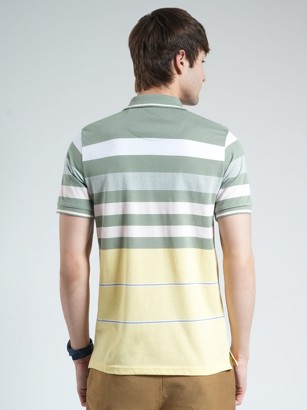 Men Green Stripe Collar Half Sleeve T-Shirt