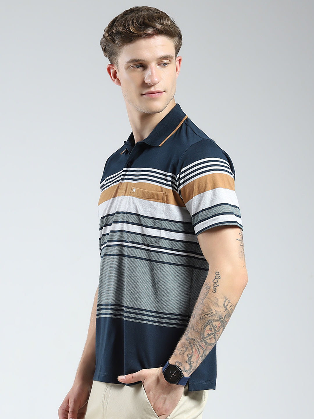 Men Green Stripe Collar Half Sleeve T-Shirt
