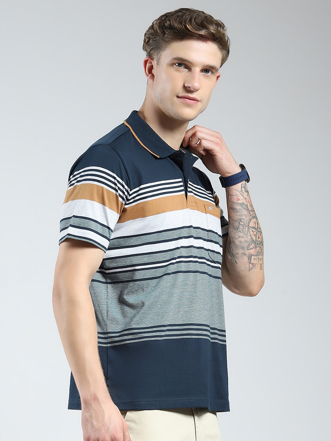 Men Green Stripe Collar Half Sleeve T-Shirt