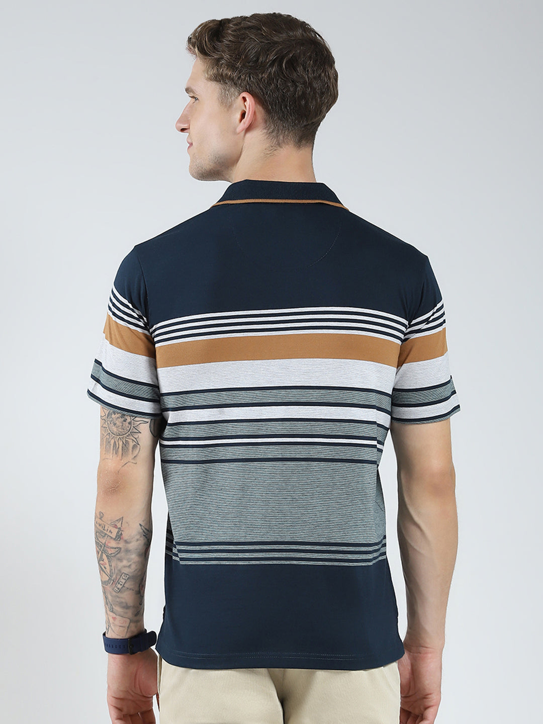 Men Green Stripe Collar Half Sleeve T-Shirt