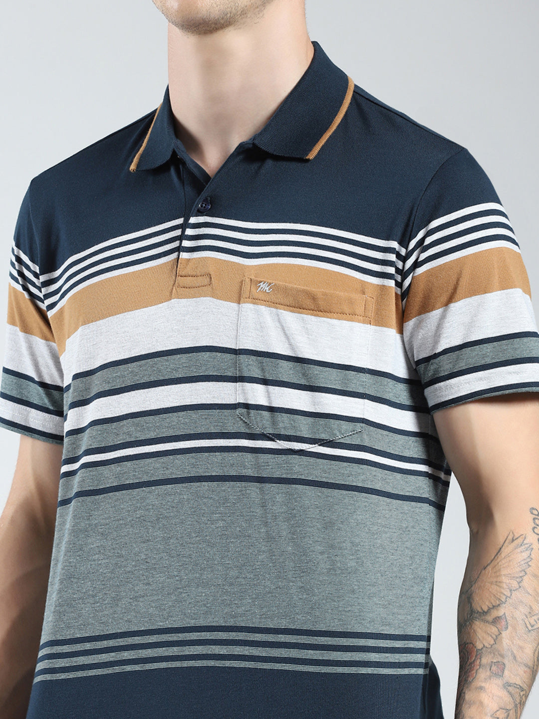 Men Green Stripe Collar Half Sleeve T-Shirt