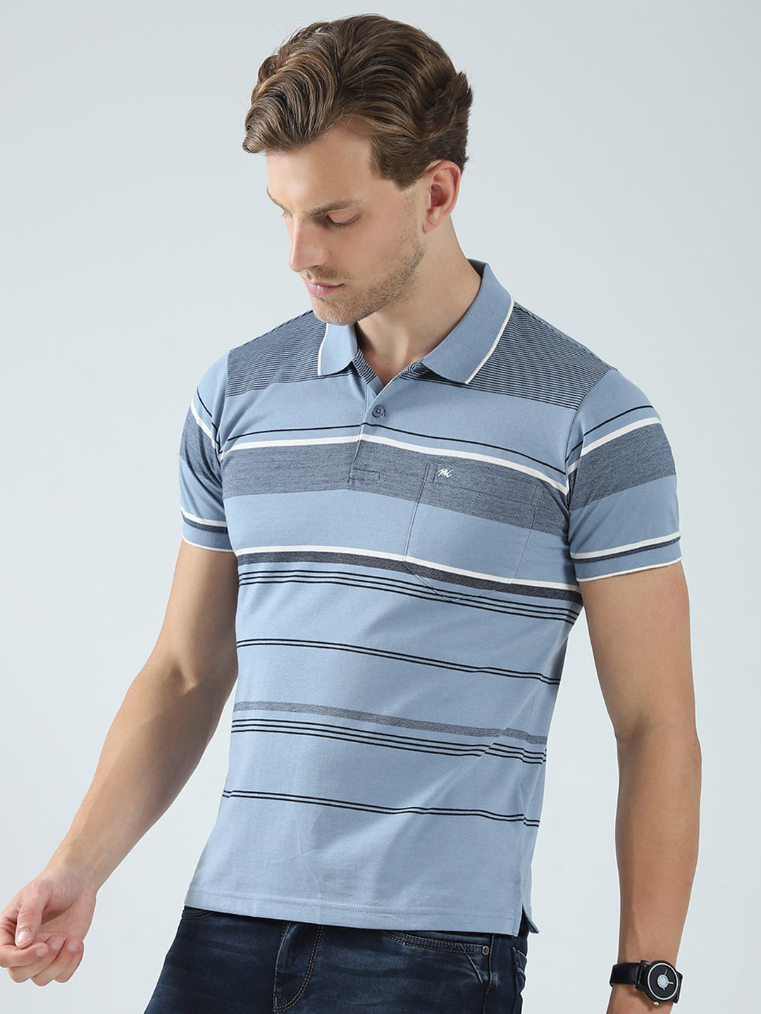 Men Blue Stripe Collar Half Sleeve T-Shirt