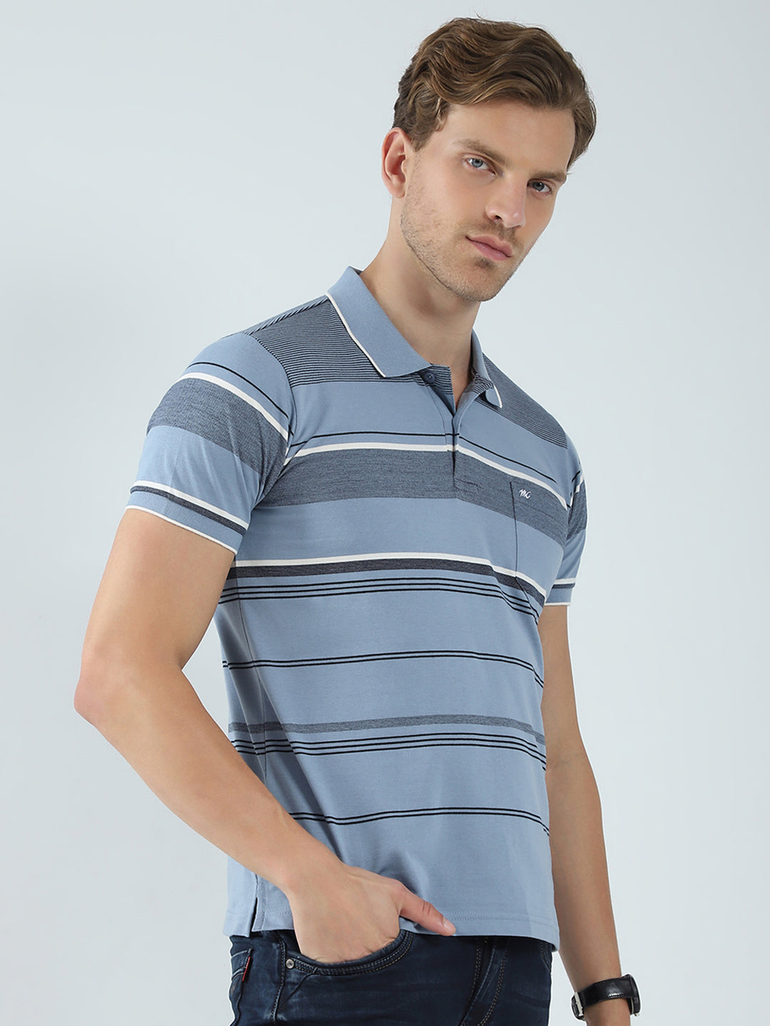 Men Blue Stripe Collar Half Sleeve T-Shirt