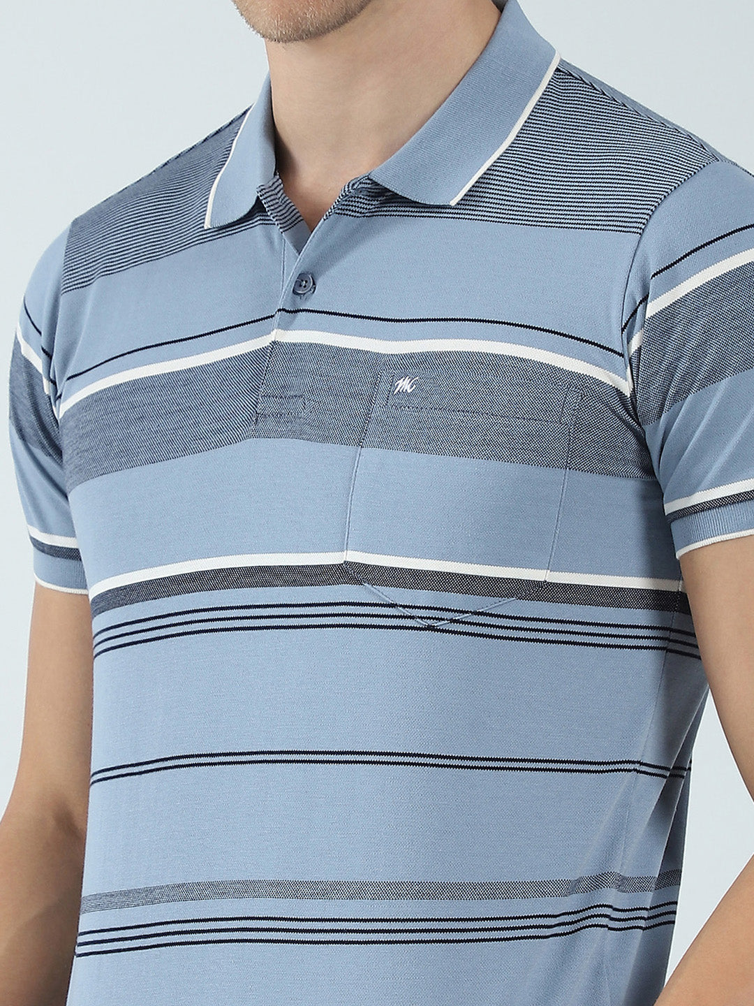 Men Blue Stripe Collar Half Sleeve T-Shirt