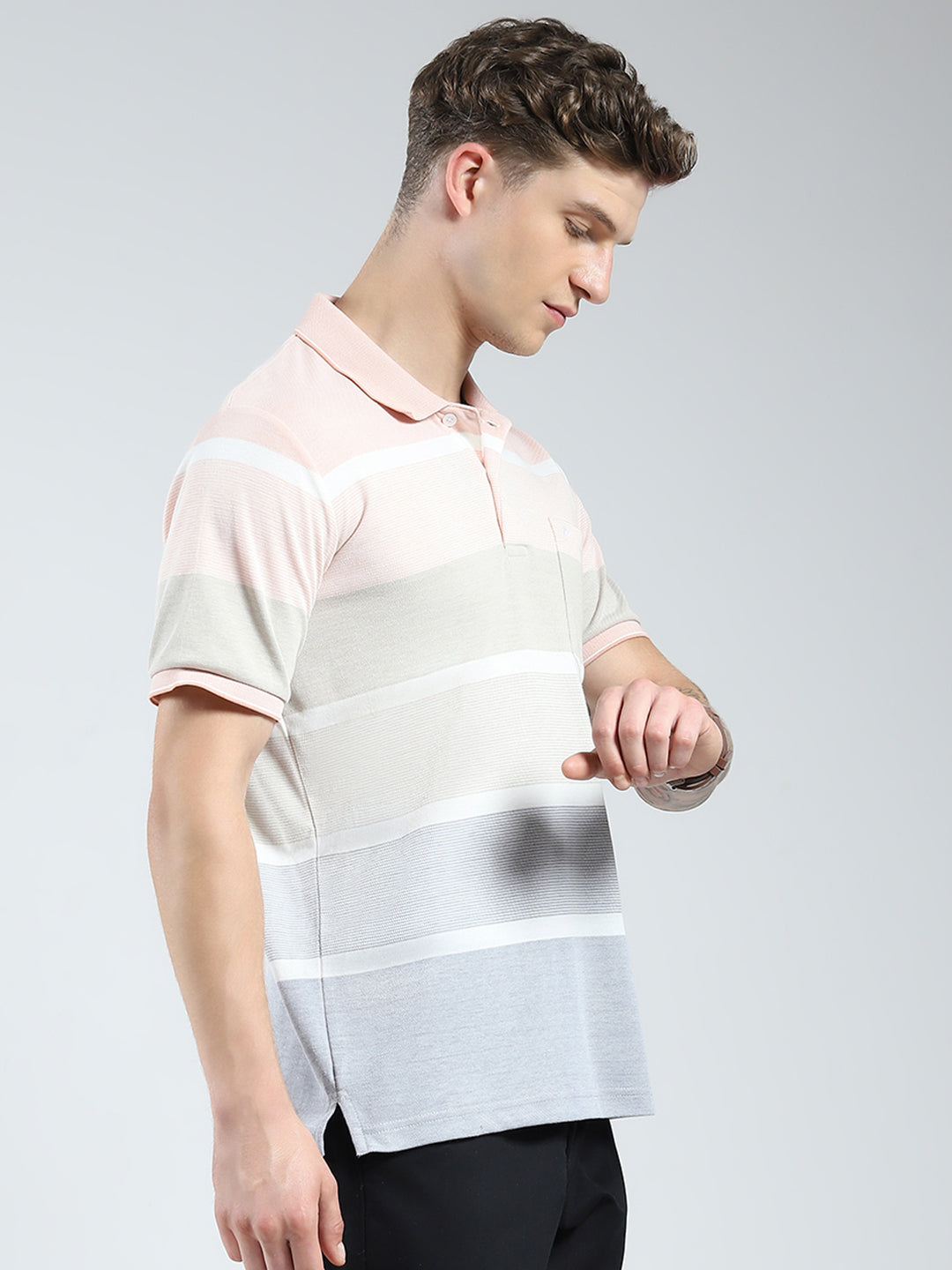 Men Peach Stripe Collar Half Sleeve T-Shirt