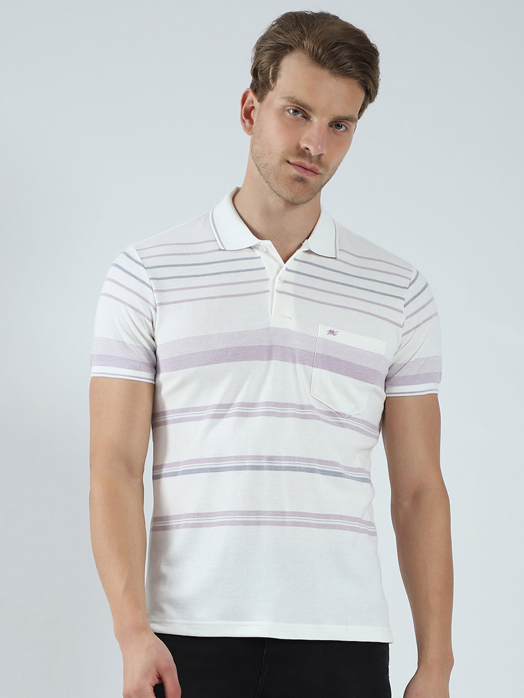 Men Off White Stripe Collar Half Sleeve T-Shirt