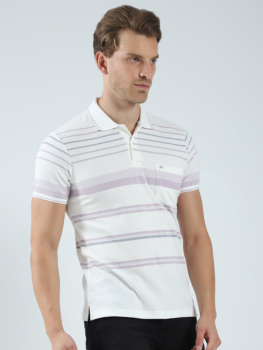 Men Off White Stripe Collar Half Sleeve T-Shirt