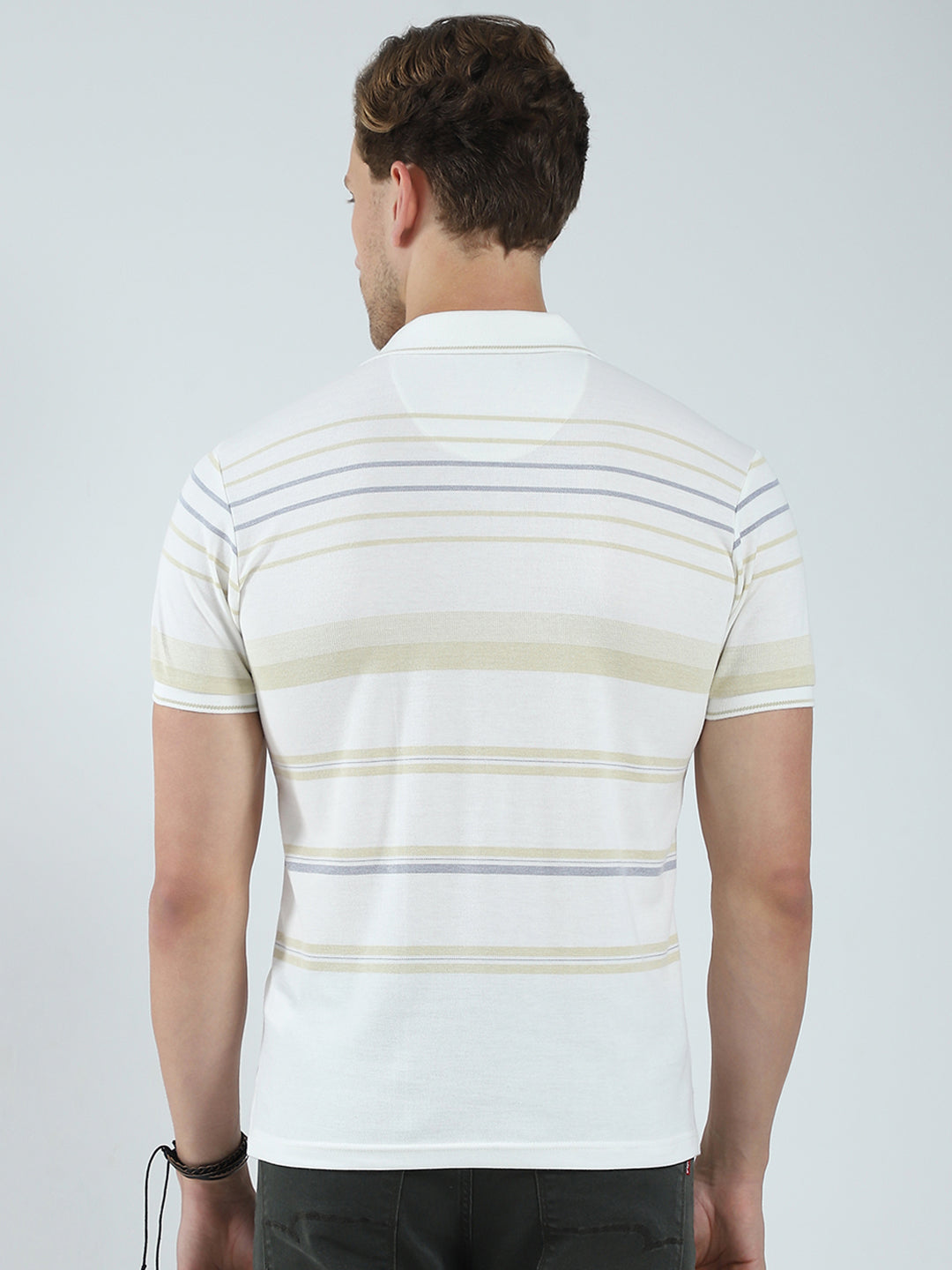 Men Beige Stripe Collar Half Sleeve T-Shirt