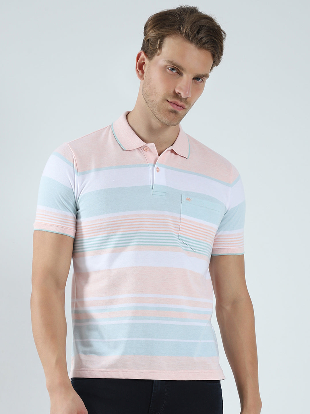 Men Peach Stripe Collar Half Sleeve T-Shirt
