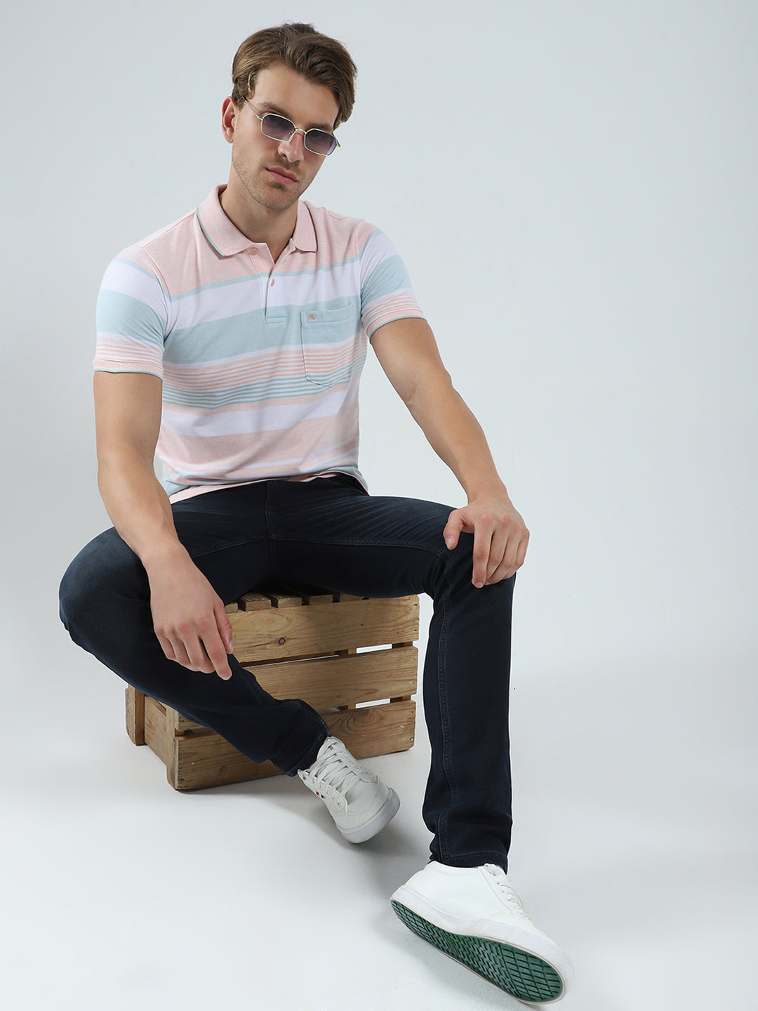 Men Peach Stripe Collar Half Sleeve T-Shirt