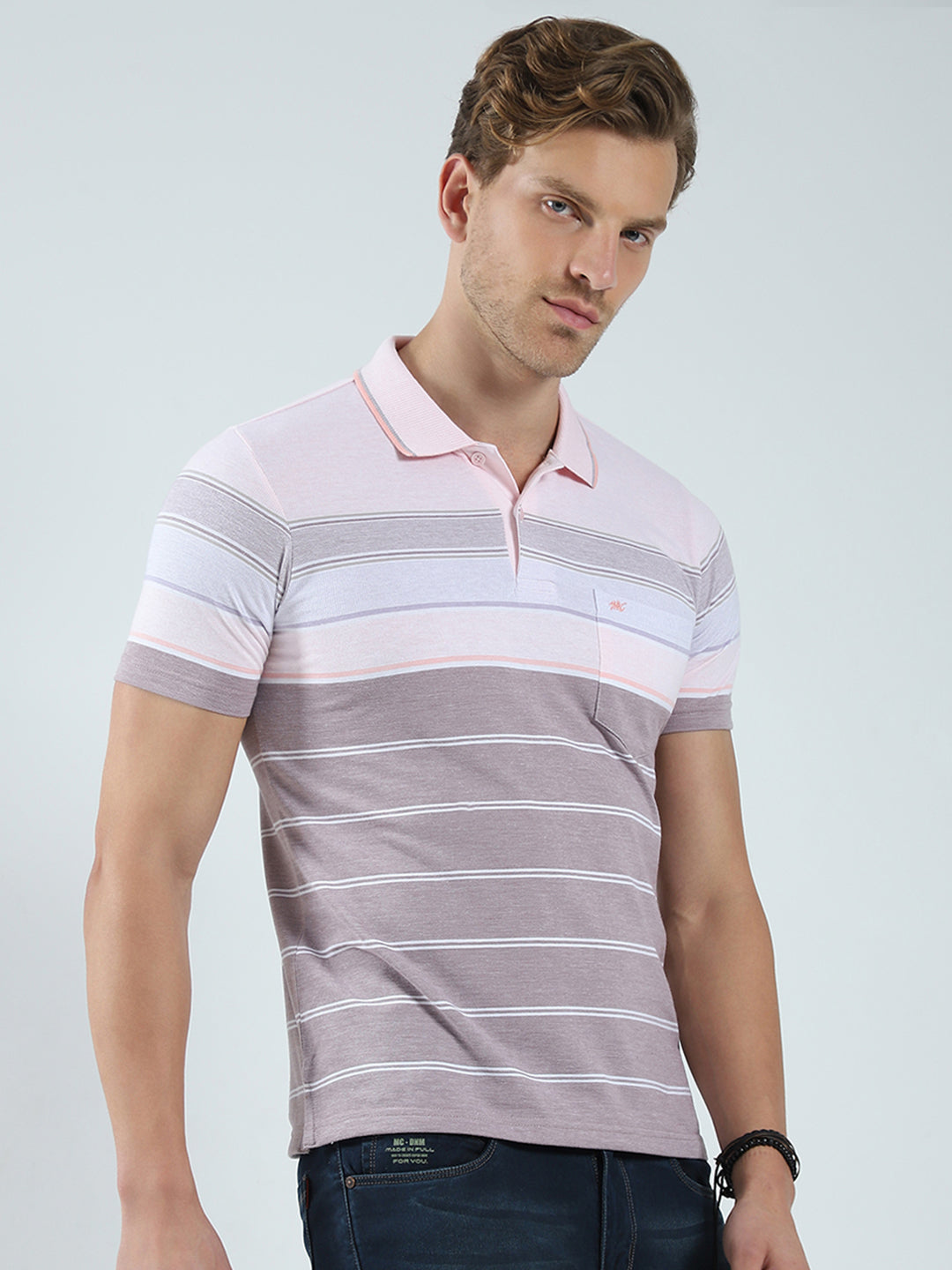 Men Pink Stripe Collar Half Sleeve T-Shirt