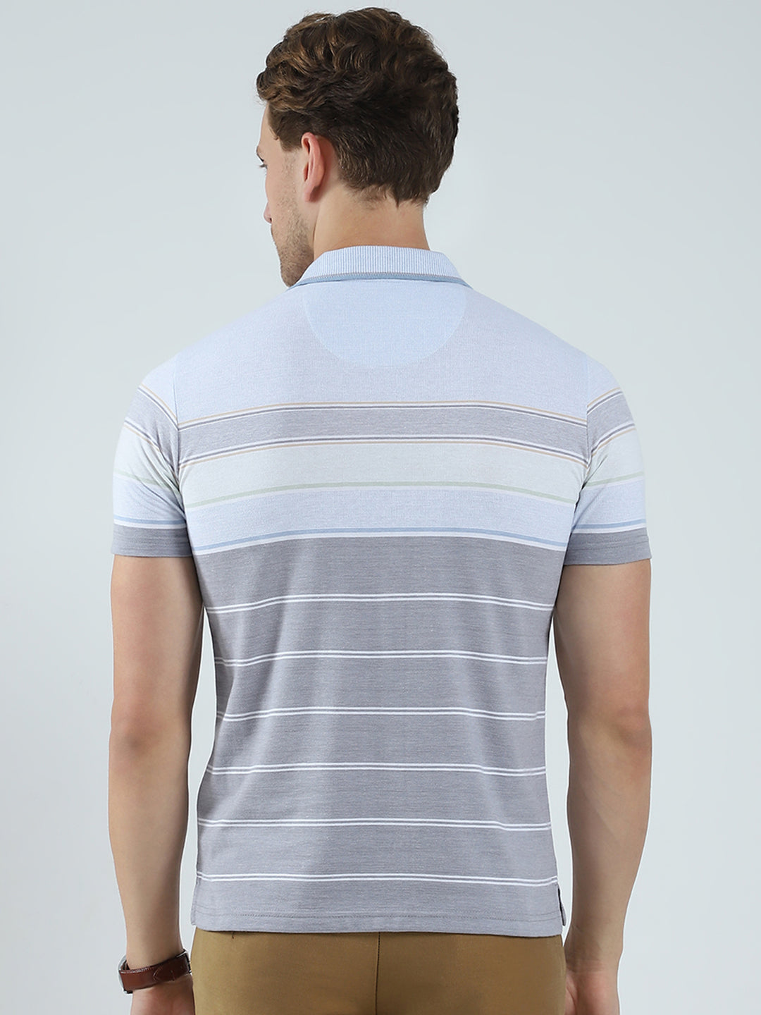 Men Blue Stripe Collar Half Sleeve T-Shirt